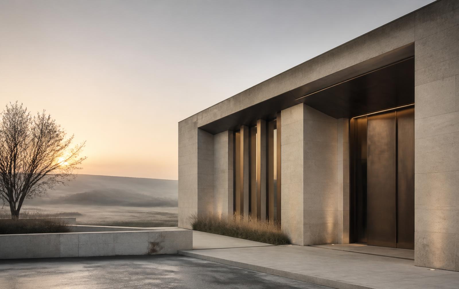 Sede de una empresa de servicios funerarios y de cremación al amanecer